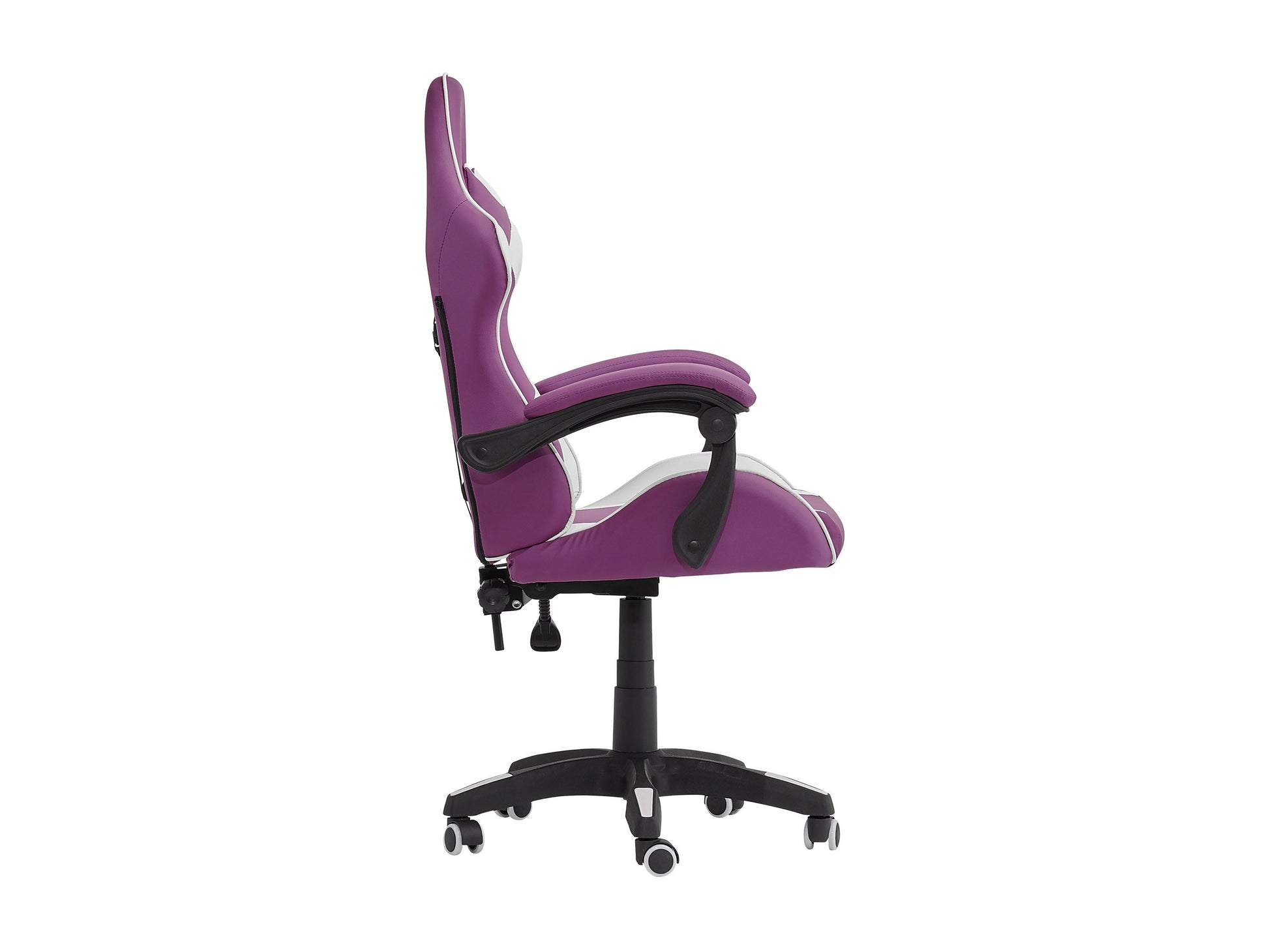 Purple and white reclining gaming chair with ergonomic design, adjustable armrests, and lumbar support.