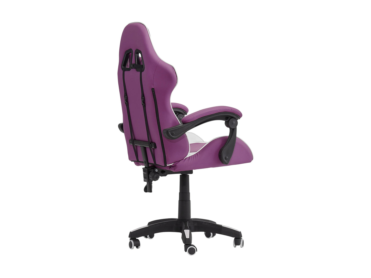 Reclining gaming chair in purple and white with ergonomic design, adjustable armrests, and lumbar support.