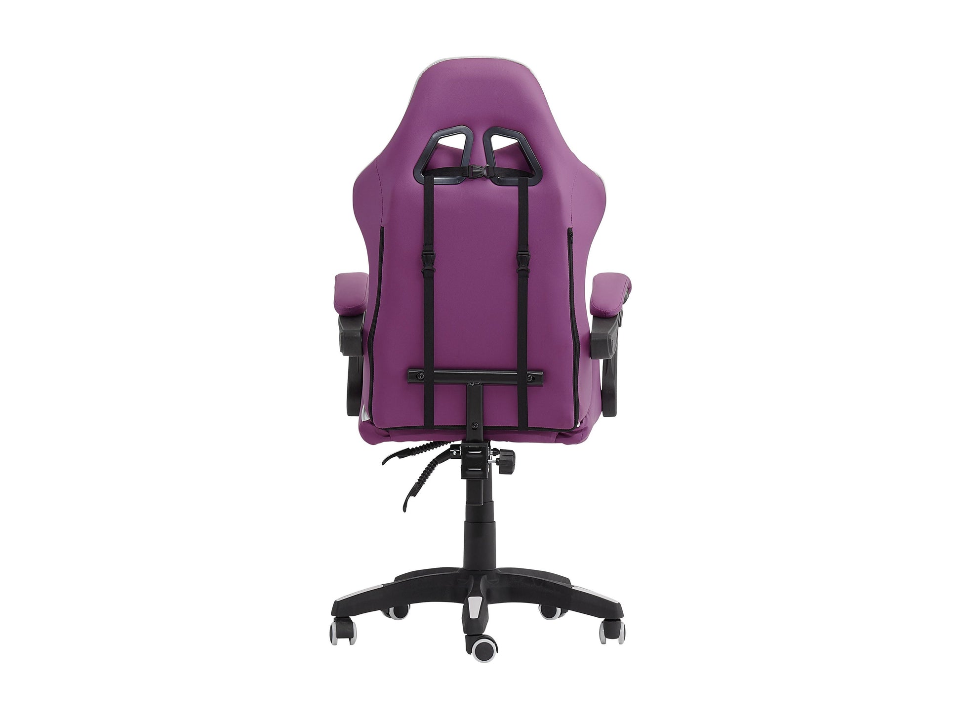 Reclining purple and white gaming chair with ergonomic design, padded armrests, and adjustable lumbar support.