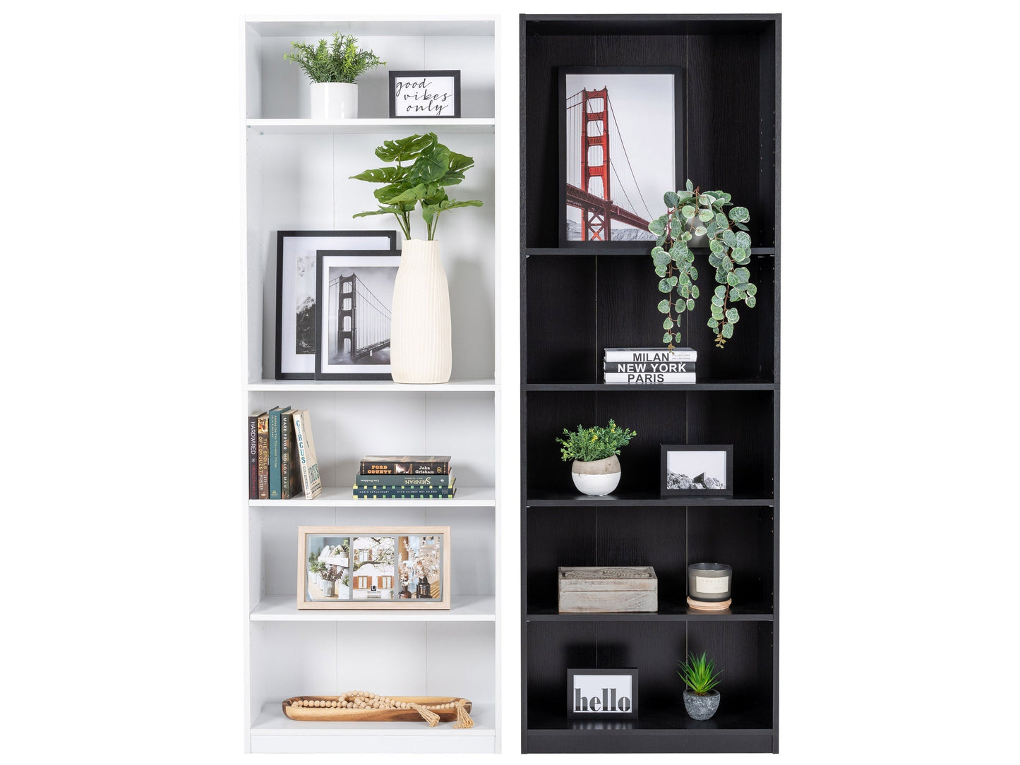 Black 5-tier bookshelf with open shelves, minimalist design, sturdy metal frame, and modern industrial style.