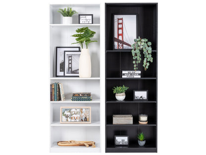 Black 5-tier bookshelf with open shelves, minimalist design, sturdy metal frame, and modern industrial style.