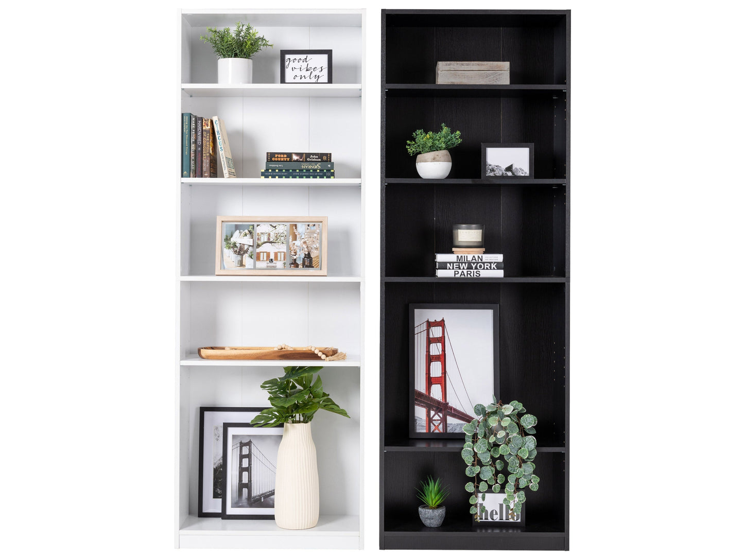 Black 5-tier bookshelf with a sleek minimalist design, featuring sturdy metal frame and wooden shelves for modern home decor.