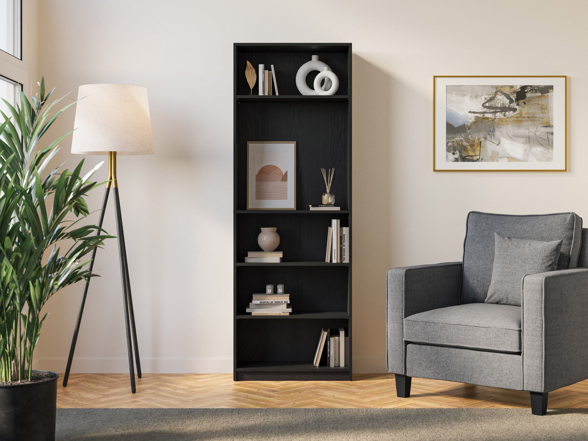 5-tier black bookshelf with an industrial design, featuring metal frame and wooden shelves for modern home decor.