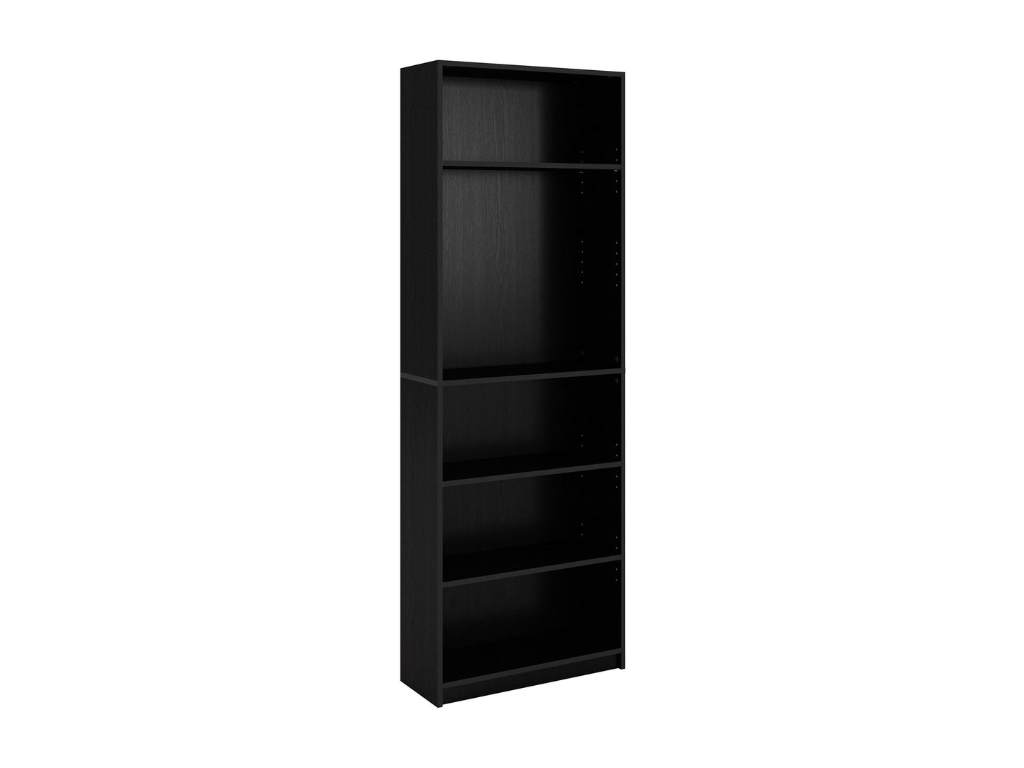 Black 5-tier bookshelf with metal frame and wooden shelves, modern industrial design, perfect for home or office storage.