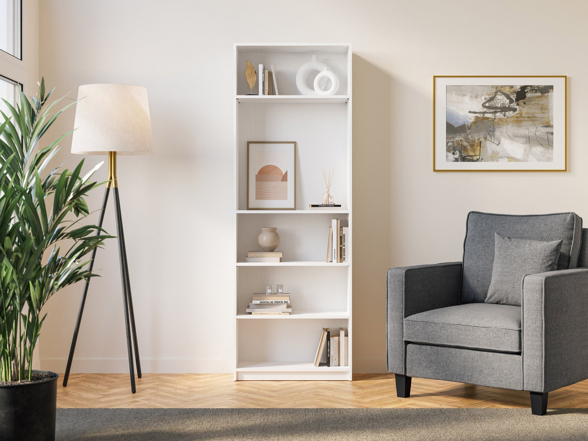 White 5-tier bookshelf with open shelving, modern design, wooden frame, perfect for home office or living room storage.