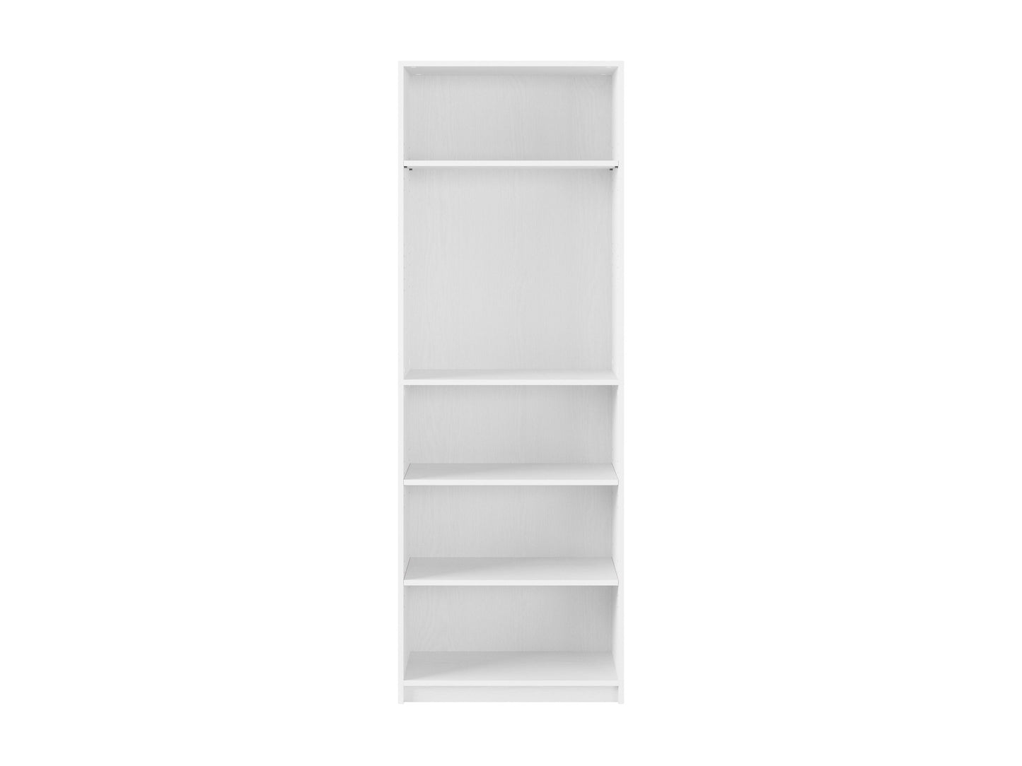 White 5-tier bookshelf with sleek design, sturdy metal frame, and spacious shelves for books and decor.