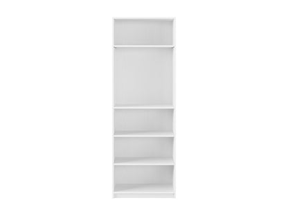 White 5-tier bookshelf with sleek design, sturdy metal frame, and spacious shelves for books and decor.