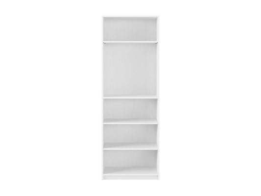 White 5-tier bookshelf with sleek design, sturdy metal frame, and spacious shelves for books and decor.