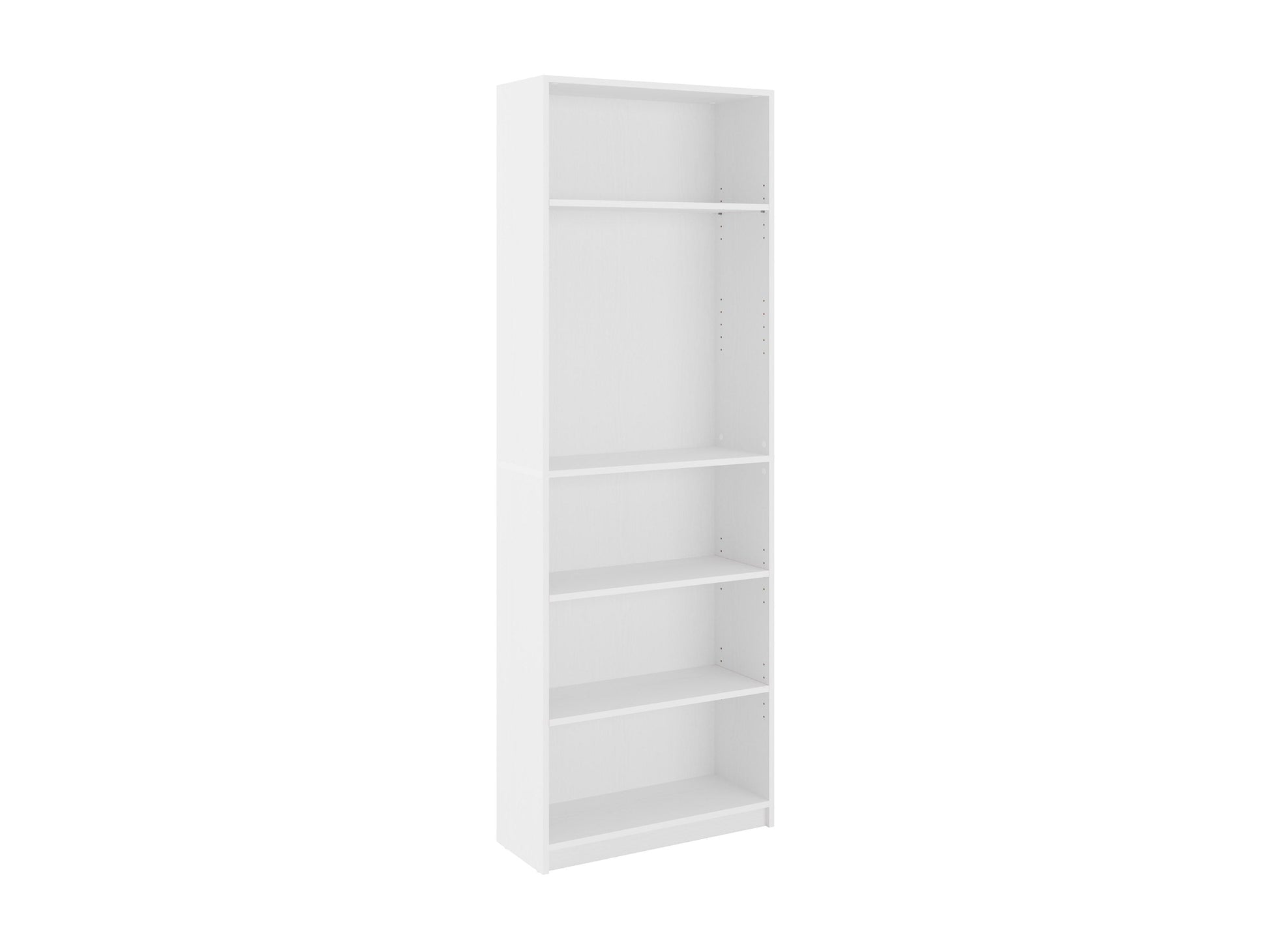 White 5-tier bookshelf with sleek design, open shelves, and sturdy construction, perfect for modern home or office storage.