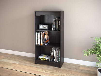 Black small bookcase with three shelves, 48 inches tall, sleek modern design, sturdy wooden construction, ideal for organizing books and decor in living rooms, bedrooms, or offices.