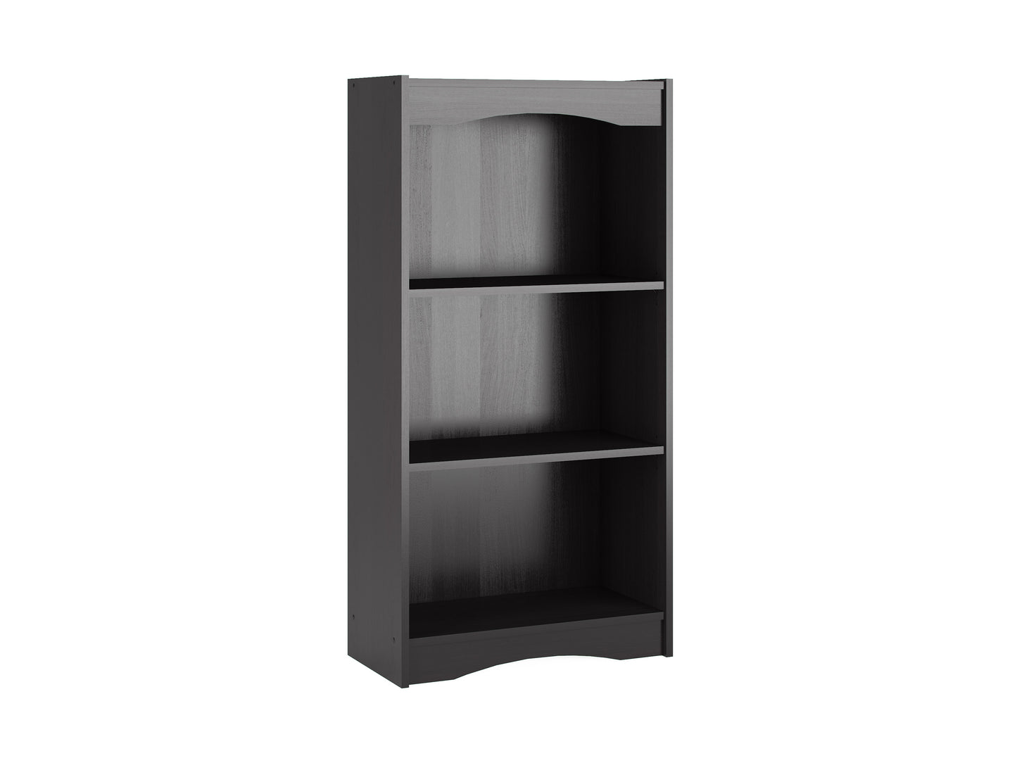 Small black bookshelf with three open shelves, 48 inches tall, made of wood with a smooth finish, ideal for modern home or office storage and display.