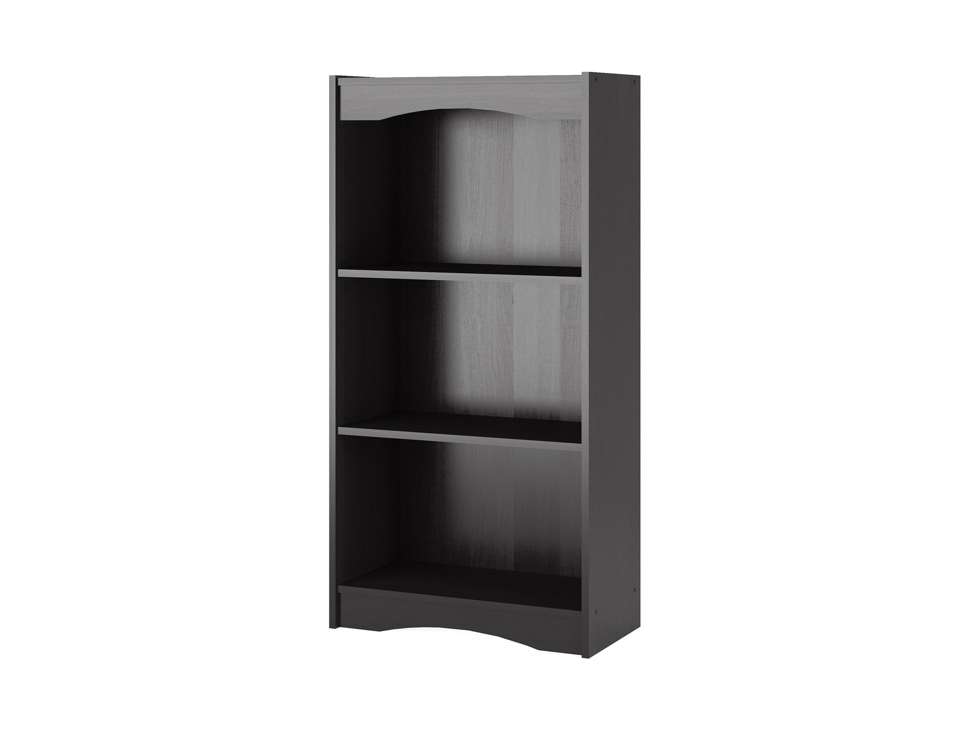 Black small bookshelf, 48 inches tall, with three wooden shelves and a sleek black metal frame, perfect for modern home or office decor, ideal for organizing books, plants, and decorative items.