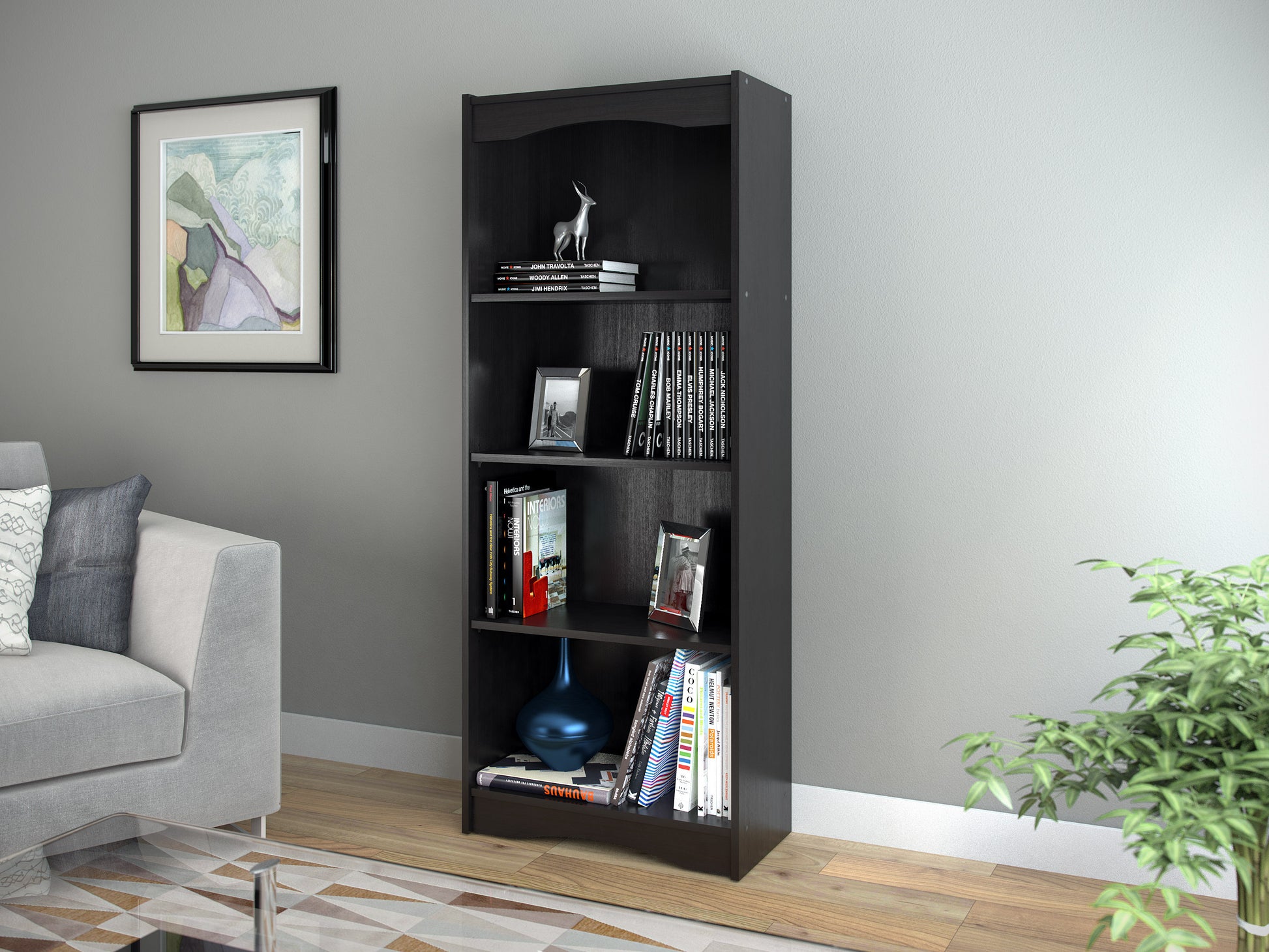 Tall black bookshelf with five wooden shelves, 60 inches high, featuring a sleek modern design, ideal for home or office storage and display.