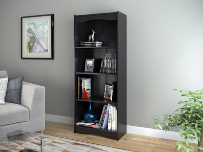 Tall black bookshelf with five wooden shelves, 60 inches high, featuring a sleek modern design, ideal for home or office storage and display.