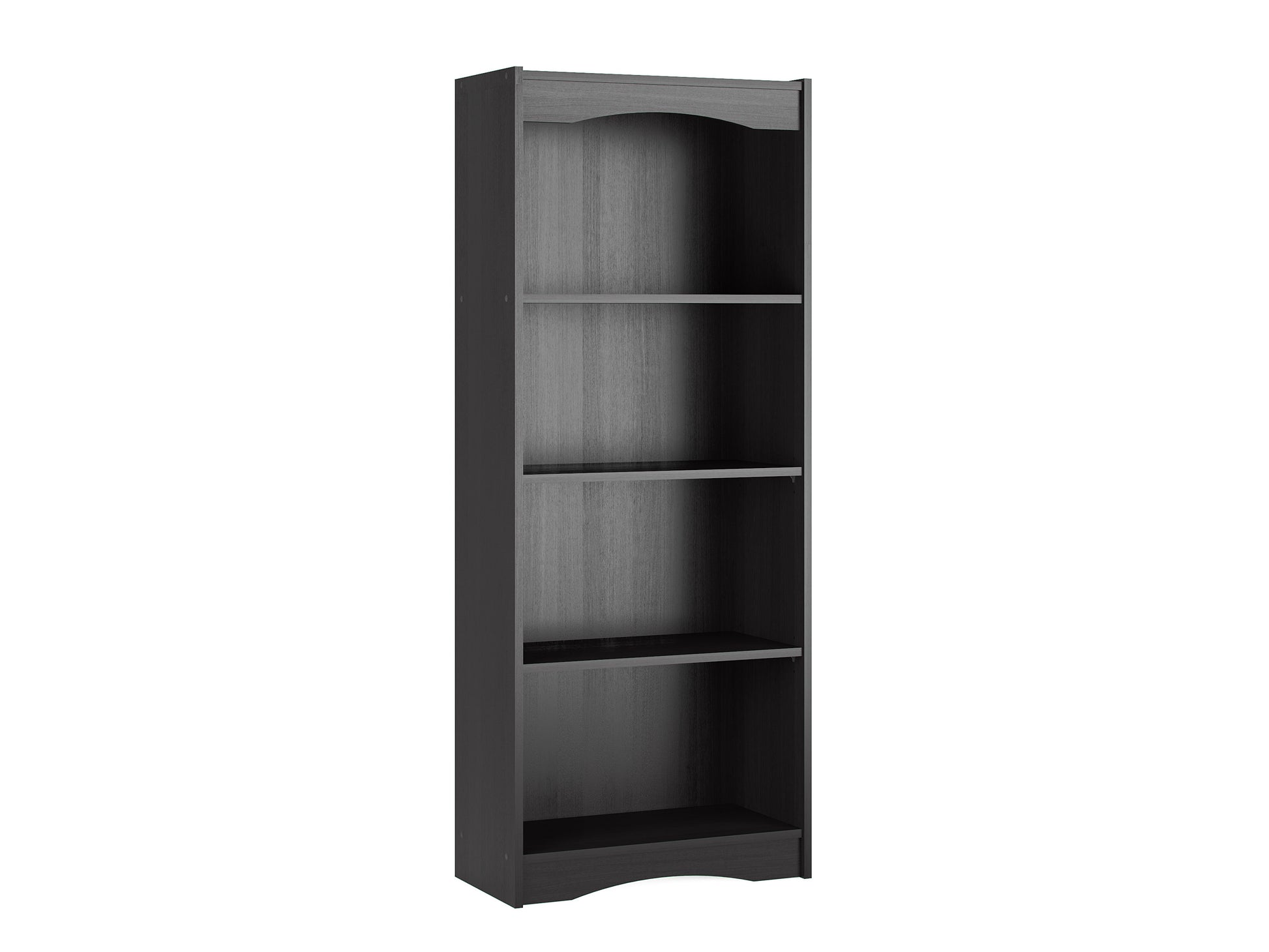 Tall black bookcase with five shelves, made from sturdy wood, 60 inches high, perfect for organizing books and decor in a modern home or office.