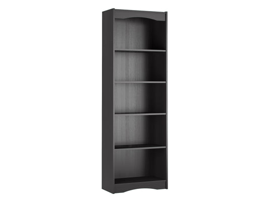 Tall black bookshelf with five open shelves, 72 inches high, minimalist design, sturdy wood construction, and smooth finish, ideal for home or office storage and display.