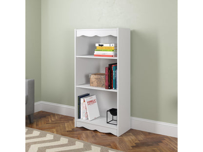 White small bookcase, 48 inches, with three shelves, made of wood, featuring a clean and minimalist design, perfect for organizing books and decor in a modern living room or office.