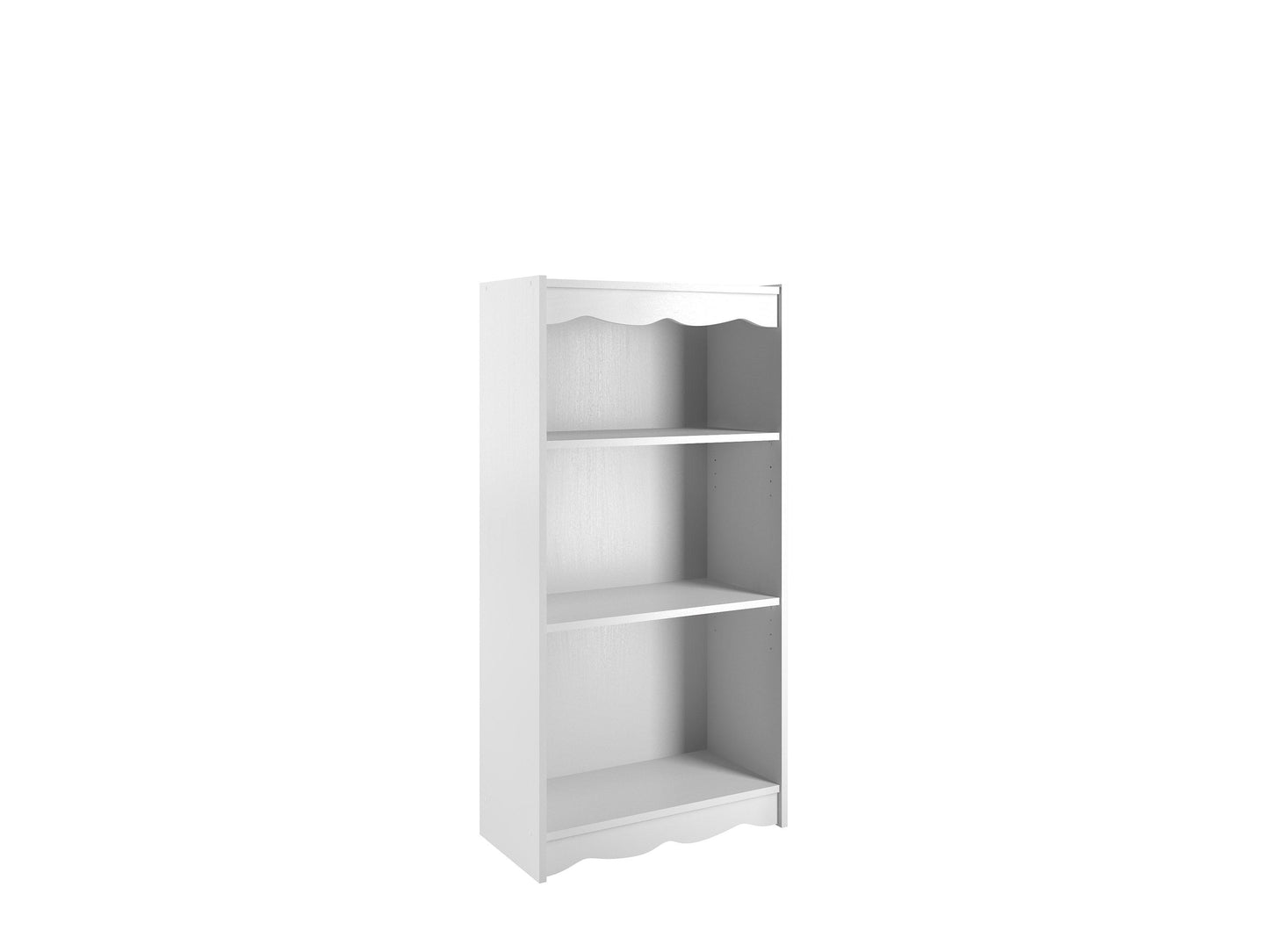 Small white bookshelf, 48 inches tall, with three shelves and a minimalist design, perfect for home or office organization.