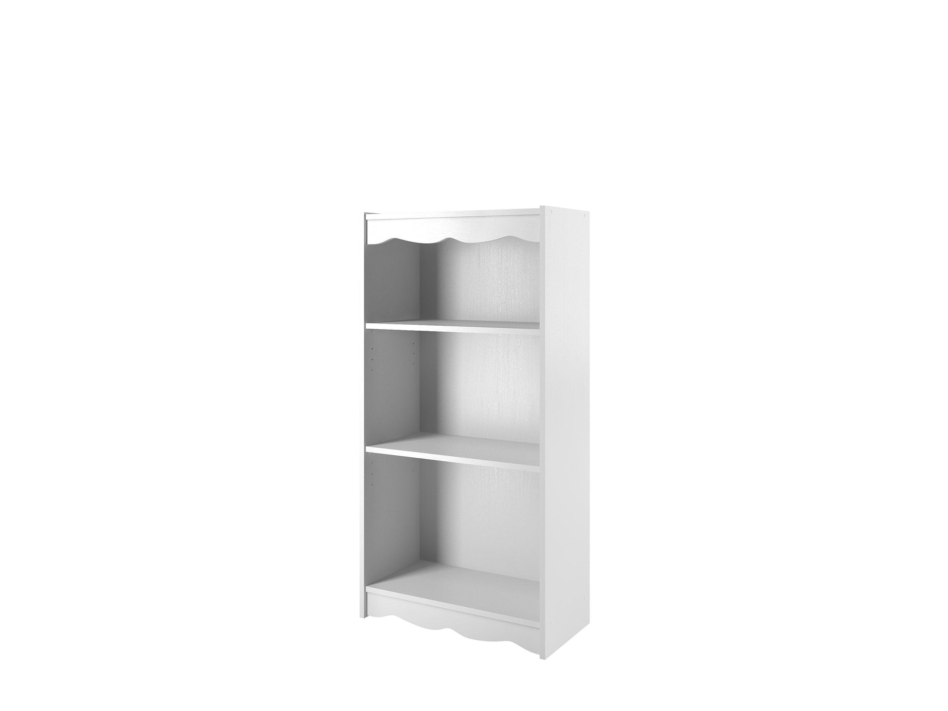 White small bookcase, 48 inches tall, with three open shelves and clean lines. Ideal for modern or minimalist interiors, perfect for organizing books, decor, and small items. Sturdy wooden construction, smooth finish.