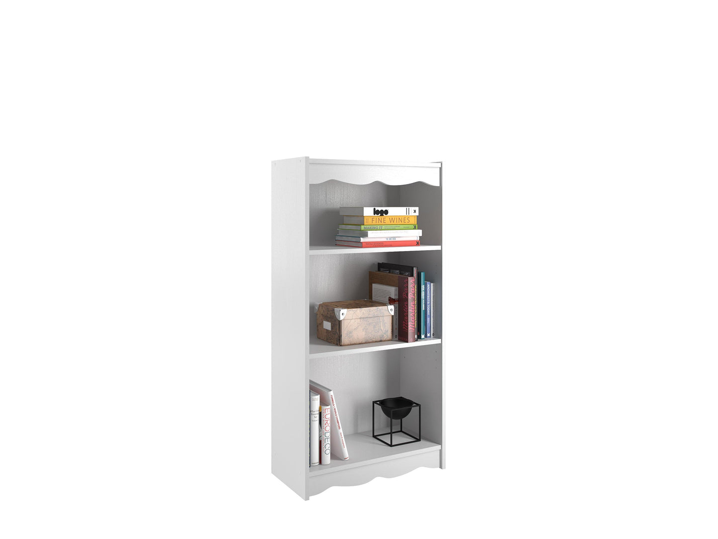 White small bookcase, 48 inches tall, with three open shelves, sleek design, and sturdy wooden frame. Ideal for organizing books, decor, and storage in modern living spaces.