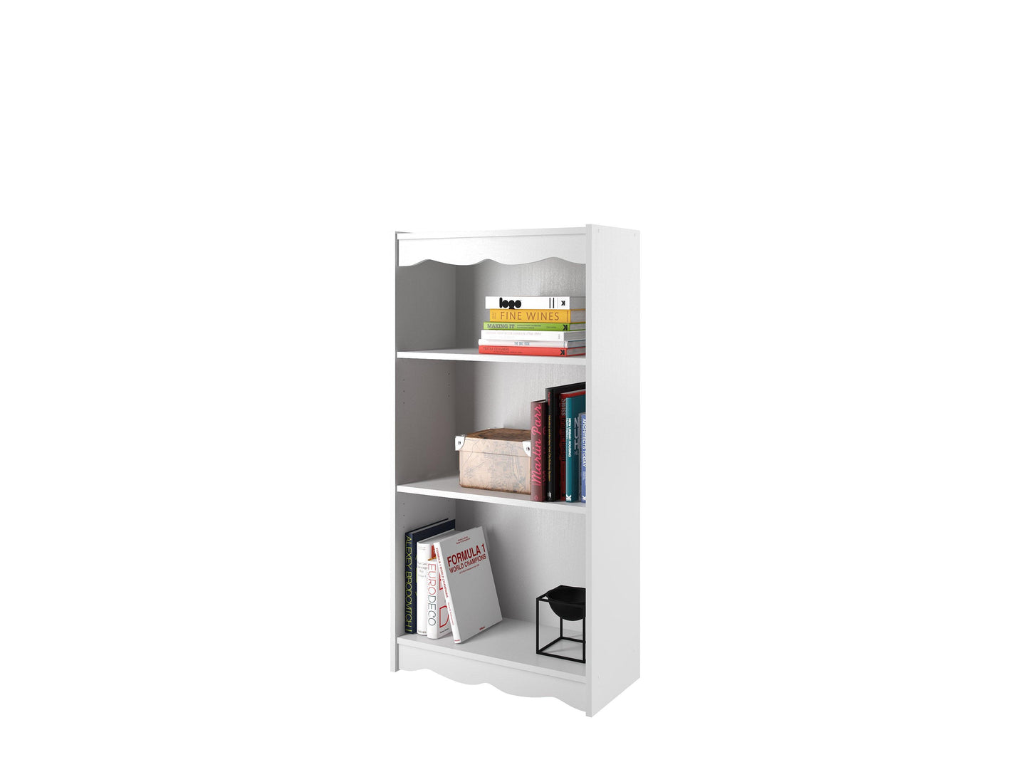 White 48-inch small bookcase with three shelves, made of sturdy wood, featuring a sleek design perfect for modern home offices or living rooms, ideal for organizing books, decor, and storage baskets.