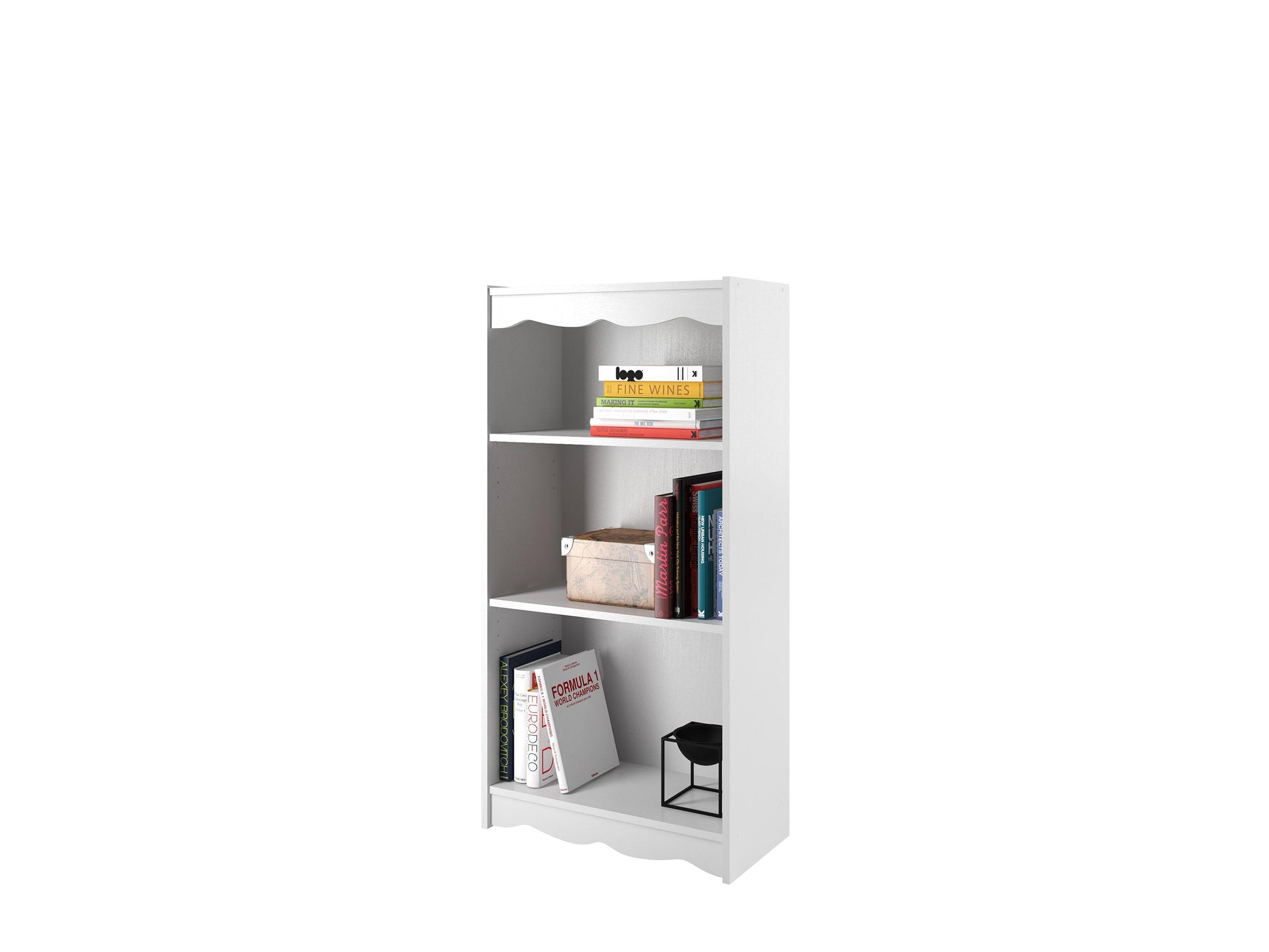 White 48-inch small bookcase with three shelves, made of sturdy wood, featuring a sleek design perfect for modern home offices or living rooms, ideal for organizing books, decor, and storage baskets.