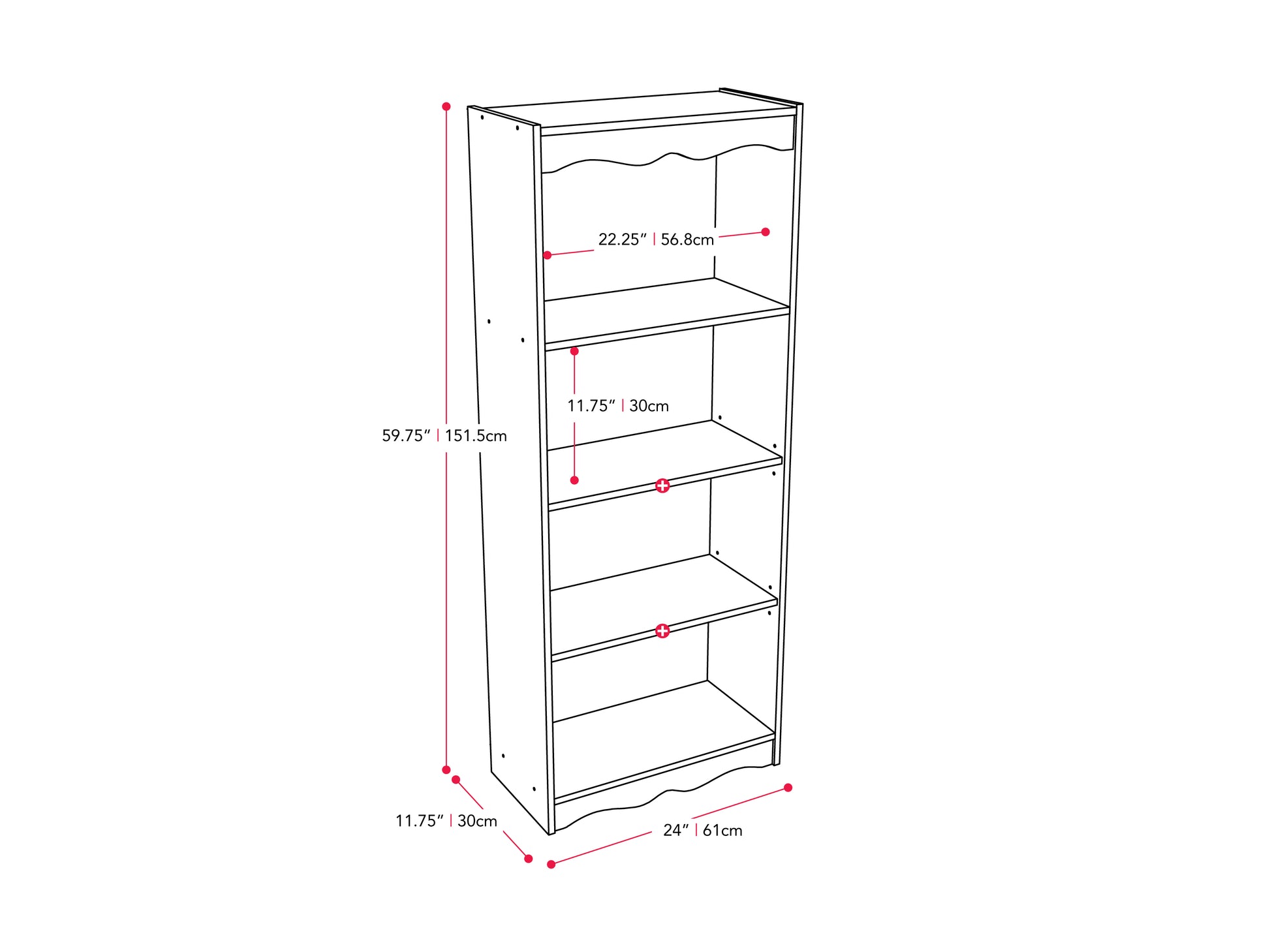 White tall bookcase, 60 inches high, with five spacious shelves for storage, modern design, sleek finish, and sturdy construction, ideal for organizing books, decor, and essentials in living rooms or offices.