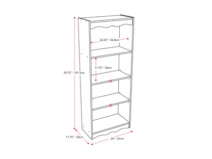 White tall bookcase, 60 inches high, with five spacious shelves for storage, modern design, sleek finish, and sturdy construction, ideal for organizing books, decor, and essentials in living rooms or offices.