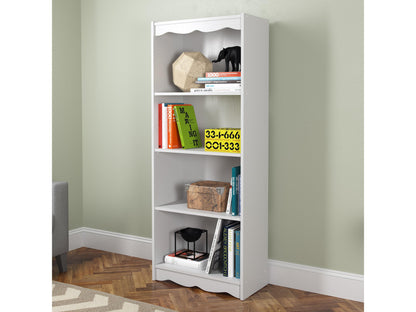 Tall white bookcase with five shelves, 60 inches high, featuring a sleek design and spacious storage for books, decor, and more. Ideal for modern living rooms or home offices.