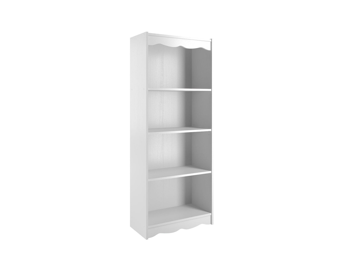 Tall white bookshelf with five shelves, measuring 60 inches, featuring a sleek, minimalist design ideal for modern interiors. Perfect for organizing books, decor, and storage baskets.