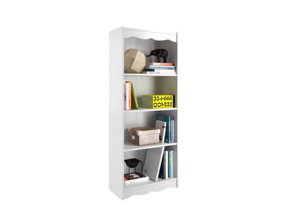 Tall white bookshelf, 60 inches, featuring five spacious shelves for ample storage and display, sleek modern design with clean lines, made from durable wood, perfect for organizing books, decor, and more.