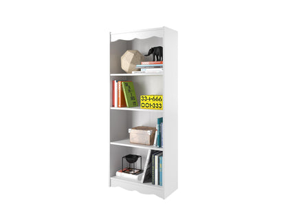 Tall white bookshelf with multiple shelves, 60 inches high, featuring a clean, minimalist design perfect for modern interiors. Ideal for organizing books, decor items, and storage baskets.