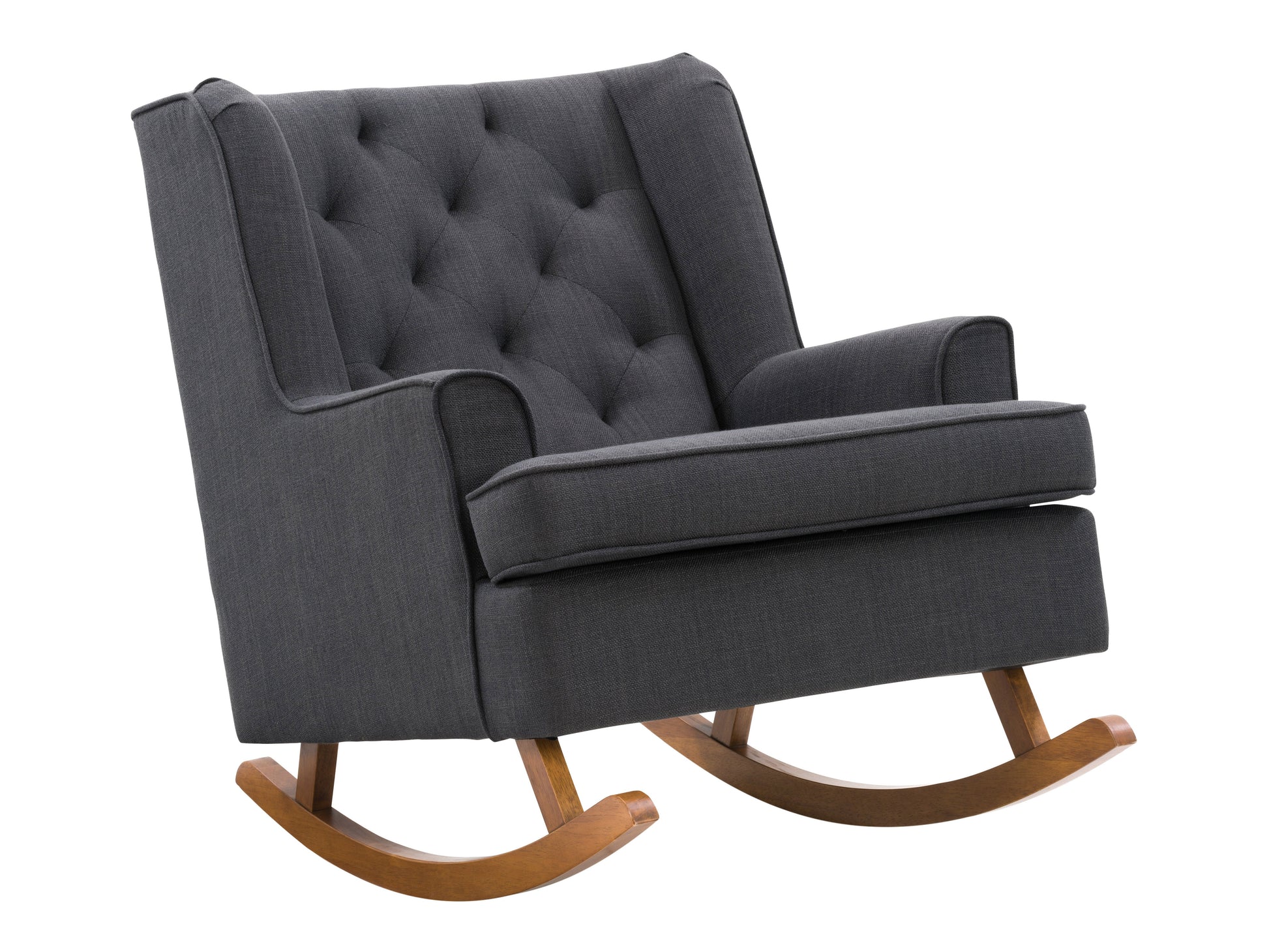 Dark grey fabric rocking chair with wooden legs, ergonomic design, and tufted backrest for modern living spaces.