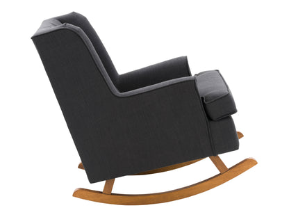 Dark grey fabric rocking chair with wooden legs, ergonomic design, and tufted backrest.