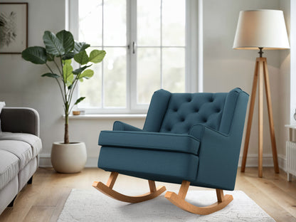 Blue rocking chair with wooden legs, ergonomic design, and plush cushioning for timeless comfort.