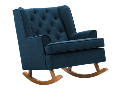 Blue rocking chair with wooden legs, ergonomic design, and padded seat for comfort.