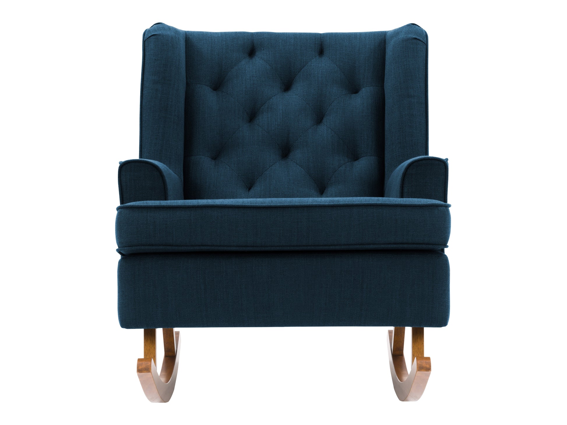 Blue rocking chair with wooden legs, tufted backrest, and modern design for living room or nursery.