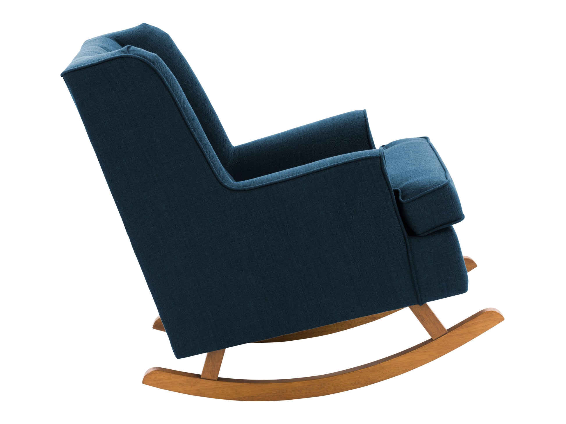 Blue rocking chair with wooden legs, ergonomic design, and soft fabric upholstery for modern living rooms.