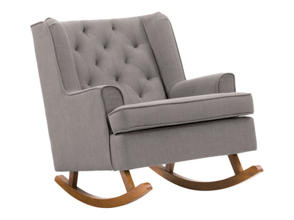 Light grey fabric rocking chair with wooden legs, tufted backrest, and ergonomic design for timeless comfort.