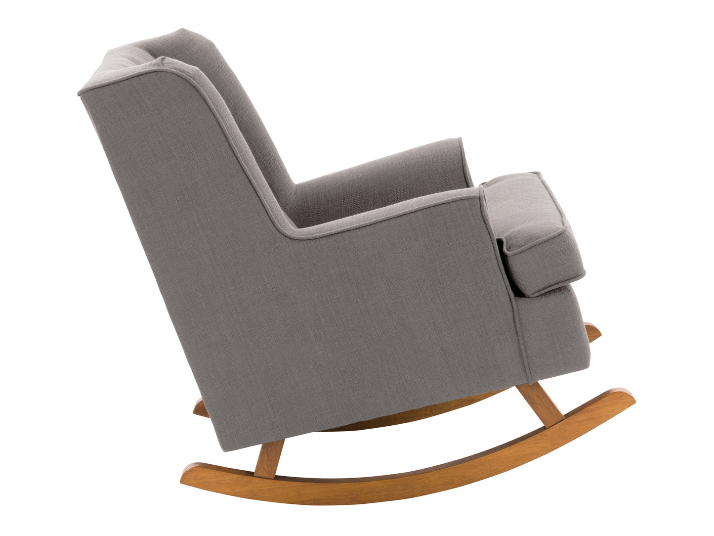 Light grey fabric rocking chair with wooden legs and ergonomic design for modern living rooms.