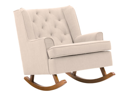 Beige fabric rocking chair with wooden legs, ergonomic design, and cushioned seat for living room comfort.