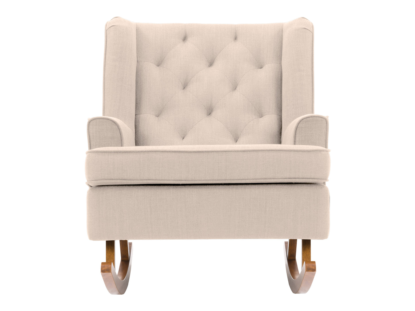 Beige fabric rocking chair with wooden legs, ergonomic design, and tufted backrest for living room or nursery.