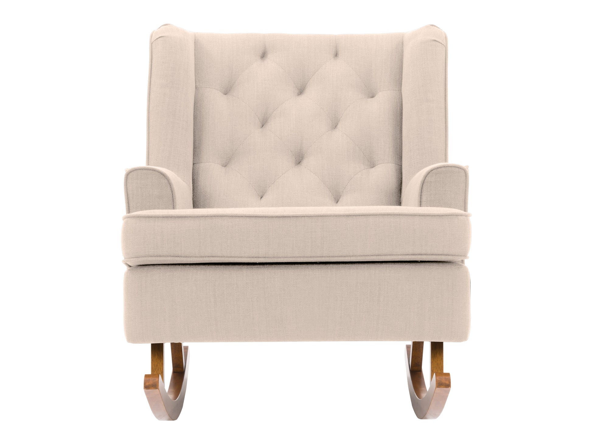 Beige fabric rocking chair with wooden legs, ergonomic design, and tufted backrest for living room or nursery.