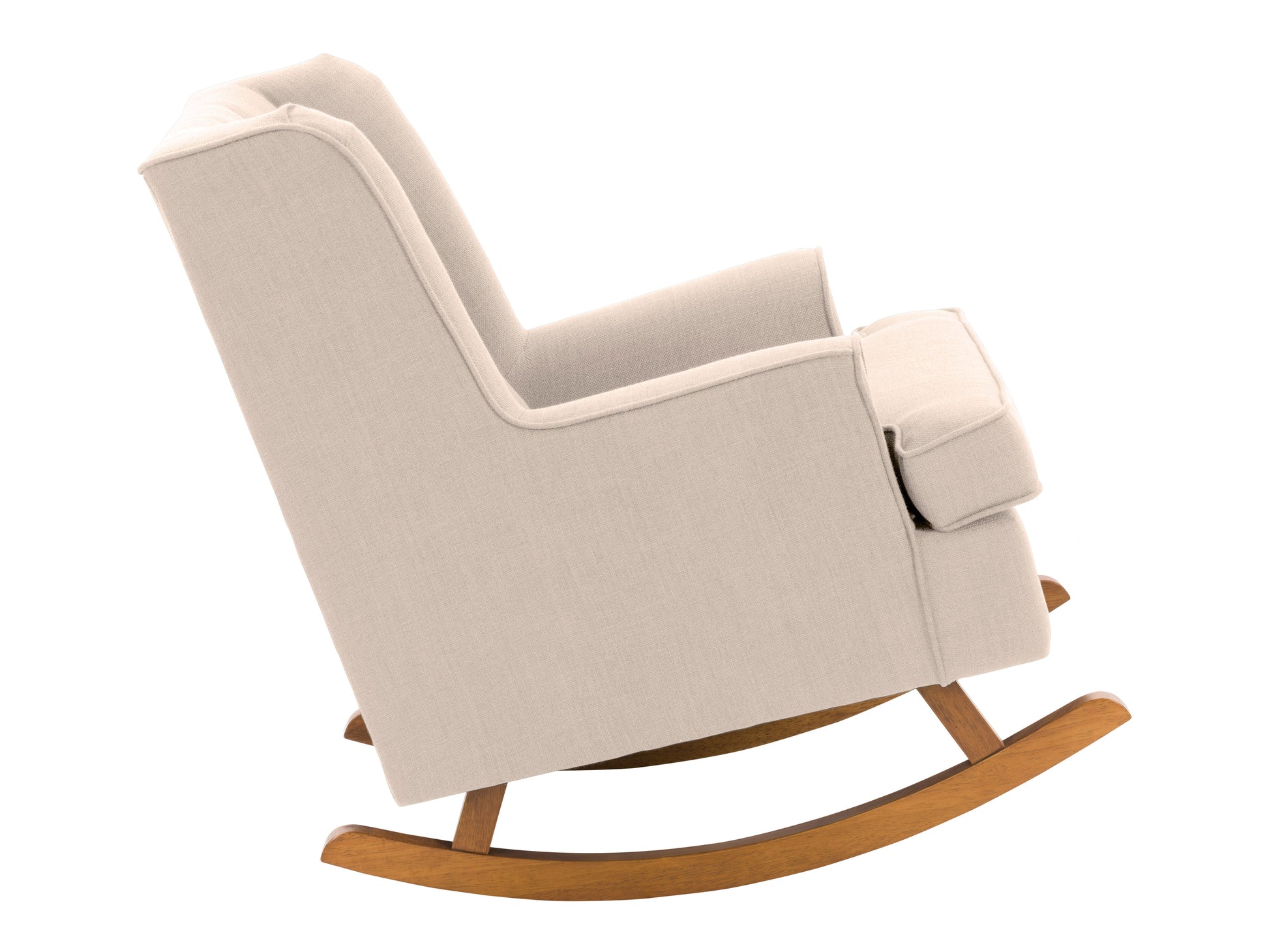 Beige rocking chair with wooden legs, ergonomic design, and cushioned seat for living room or nursery.