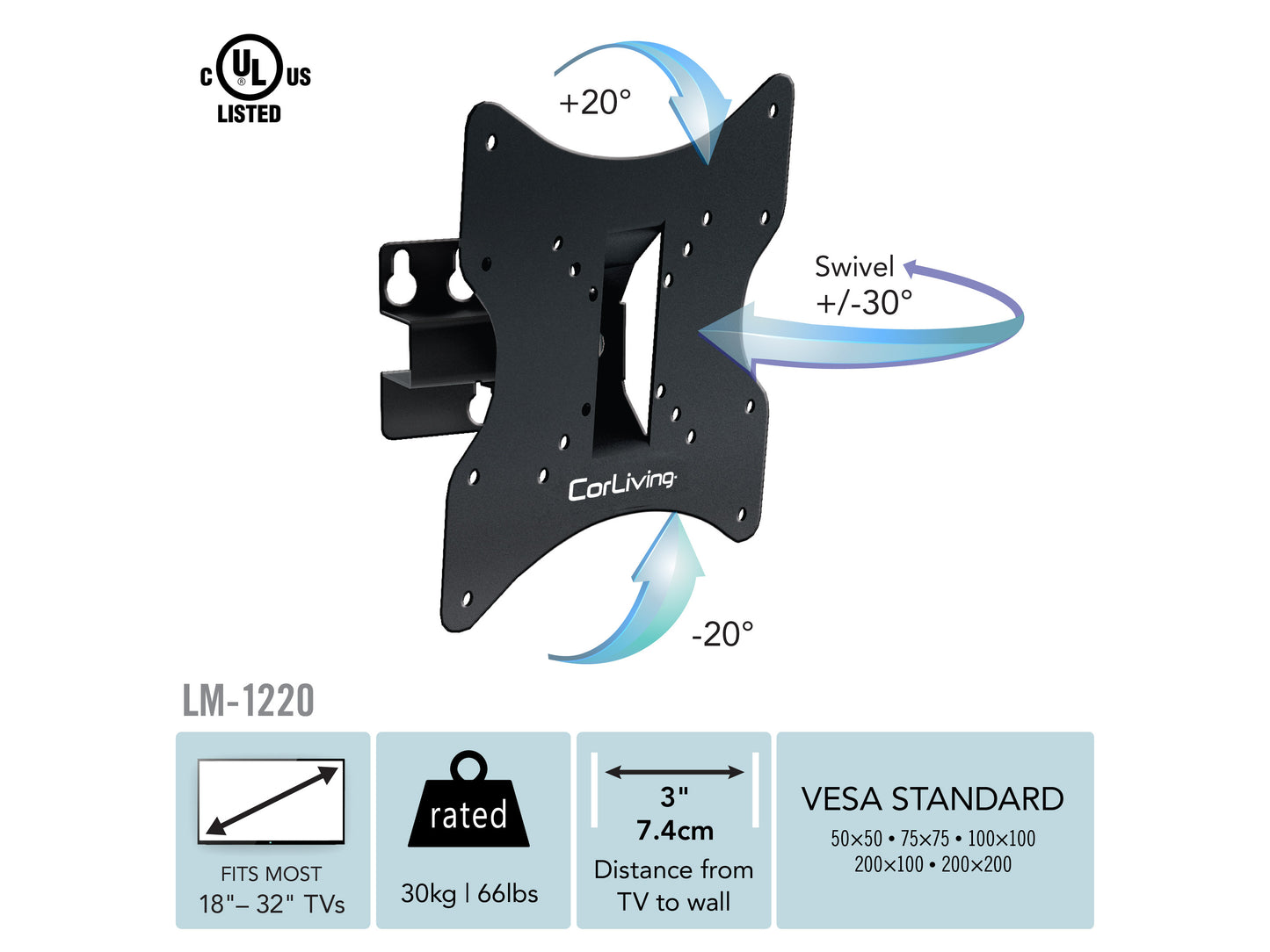 32-inch TV wall mount bracket for 18-32 inch TVs, black steel construction, adjustable tilt and swivel, slim profile design, easy installation, sturdy support for flat-screen TVs, ideal for living rooms and bedrooms.