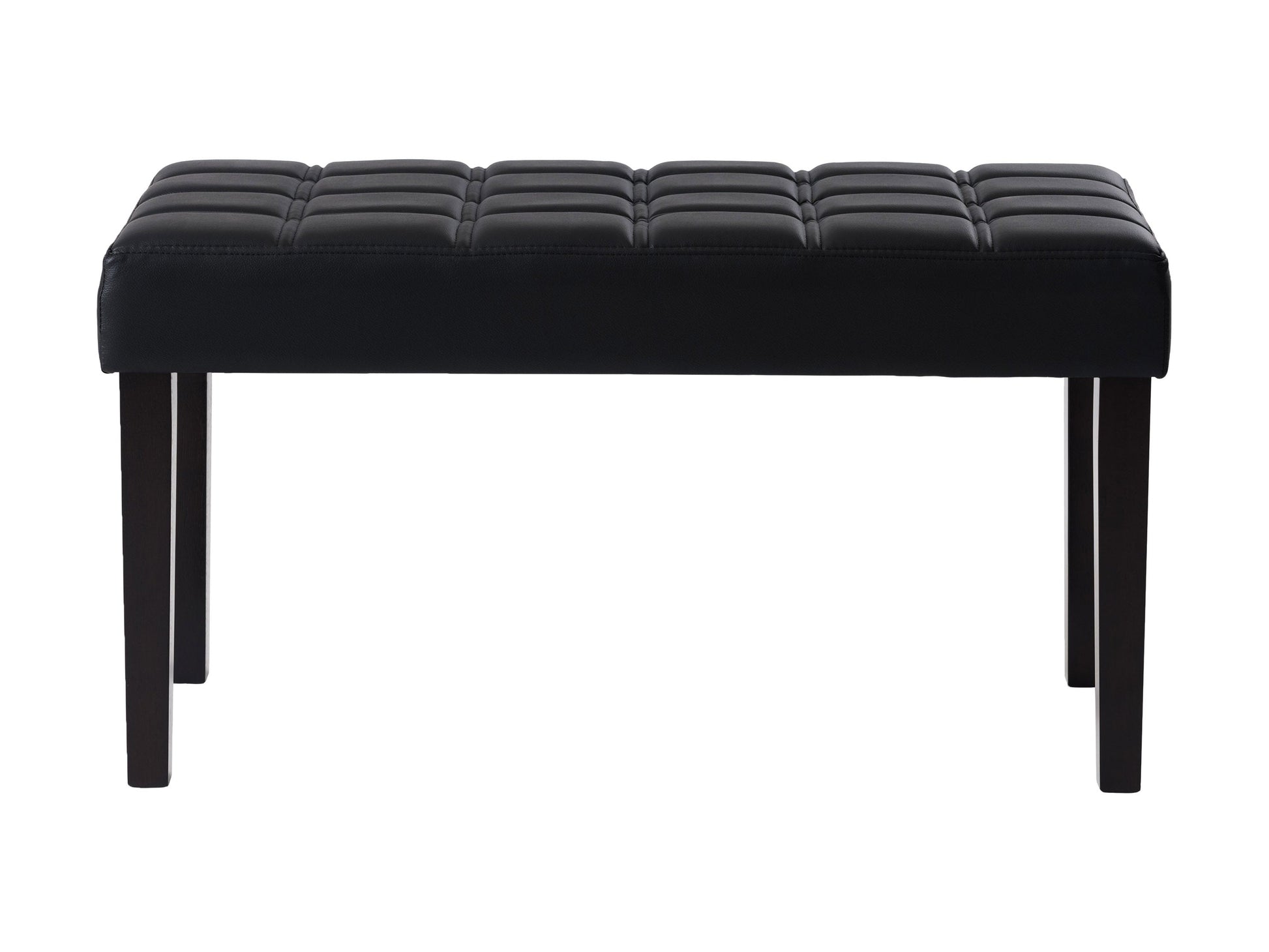 Black leather bench with sleek design, metal legs, and tufted seat for modern living spaces.