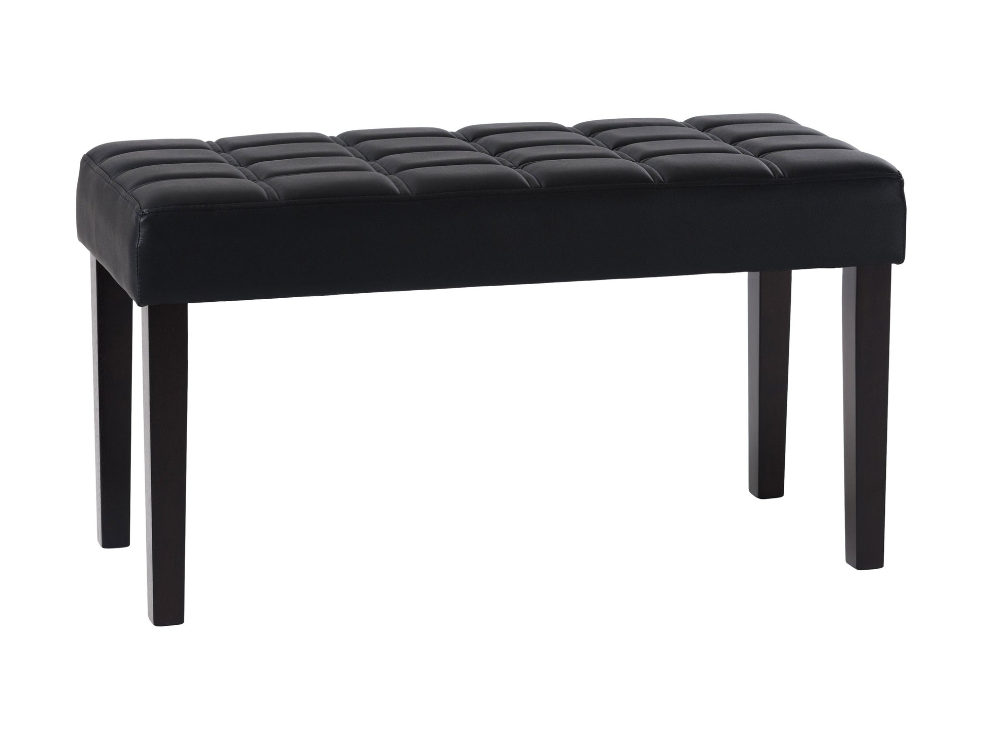 Black leather bench with sleek design, metal legs, and tufted seat for modern interiors.