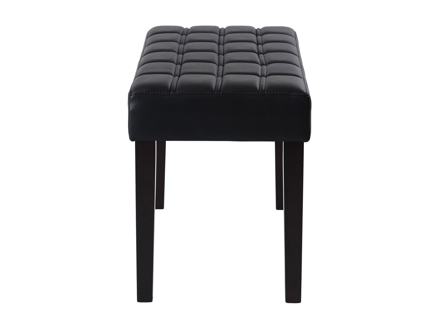 Black leather bench with sleek design, wooden legs, and tufted seating for modern interiors.