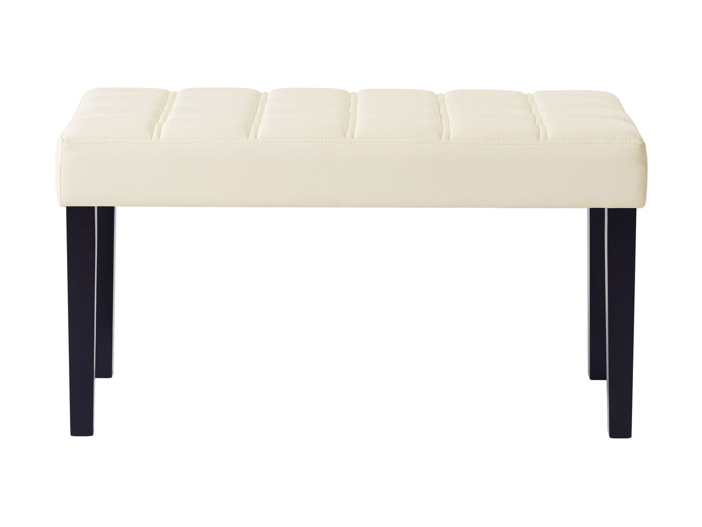 White leather bench with sleek black metal legs, modern minimalist design, and tufted seat cushion.