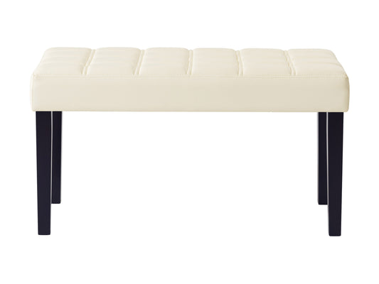 White leather bench with sleek black metal legs, modern minimalist design, and tufted seat cushion.